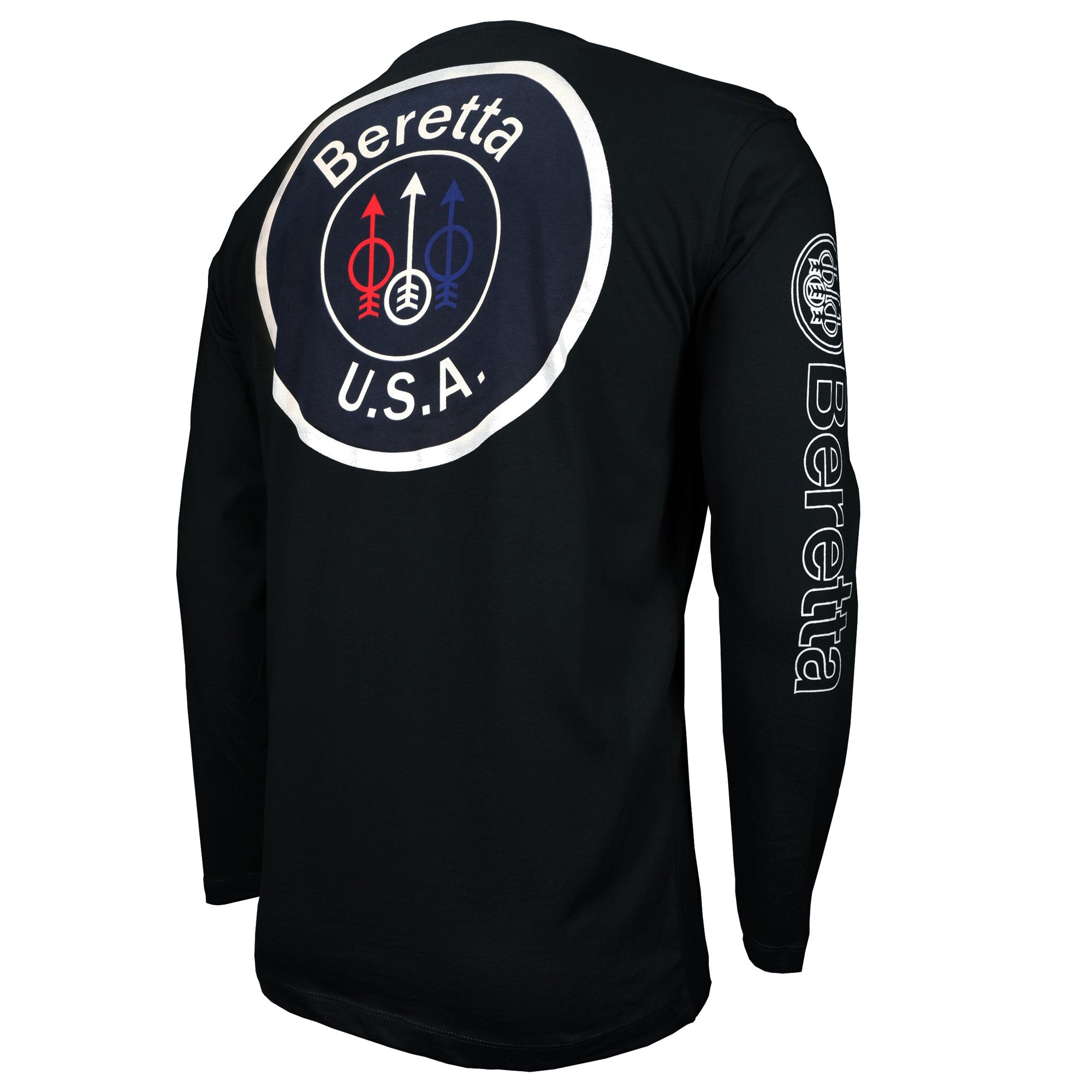Beretta USA logo long sleeve T-shirt in black featuring the trident logo on the back and sleeve, perfect for casual wear.